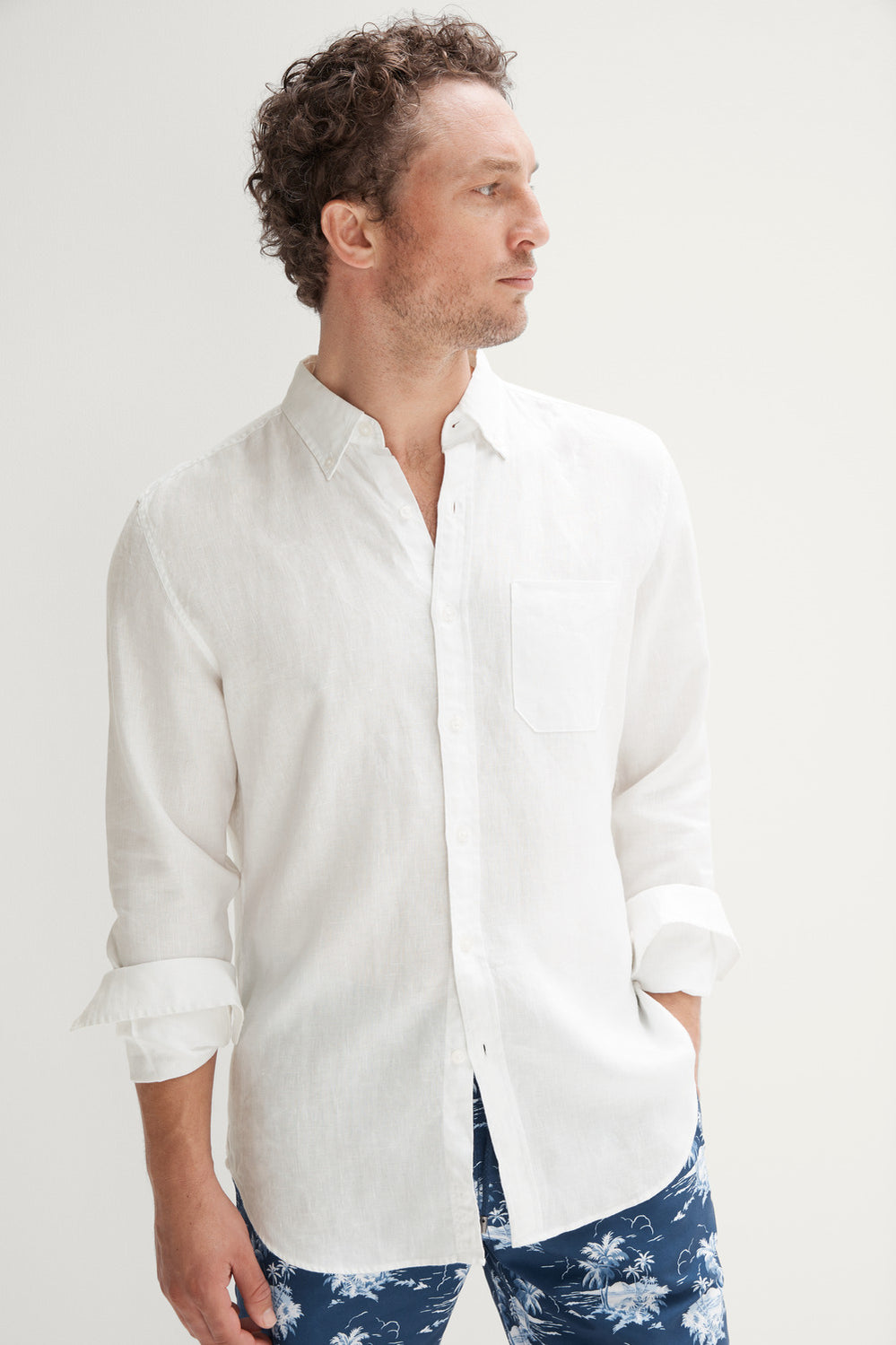 Regular Fit Linen Piece Dyed Long Sleeve Shirt