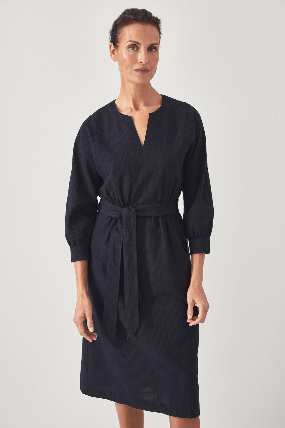 Seersucker Vent Neck Dress