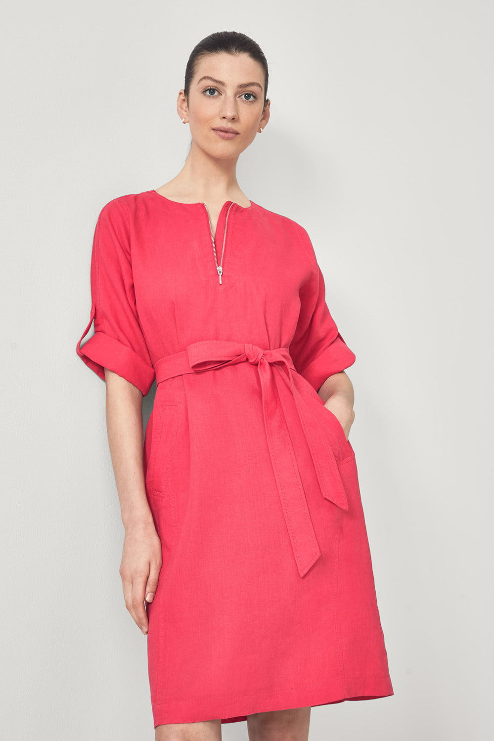 Linen Dolman Sleeve Tab Detail Dress