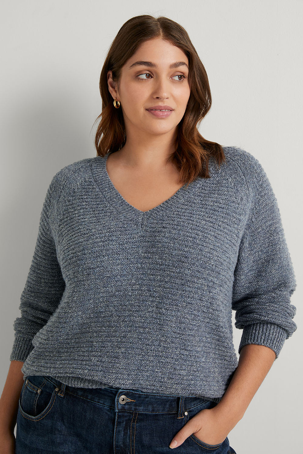 Cotton Blend Textured V Neck Pullover