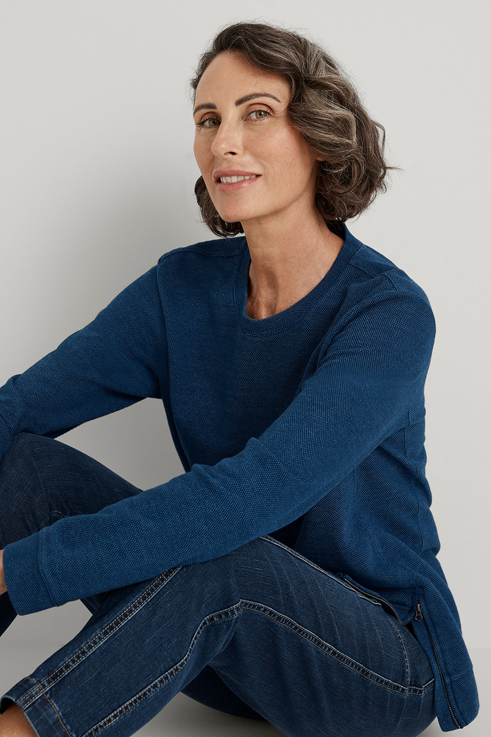 Indigo Pique Zip Hem Sweat