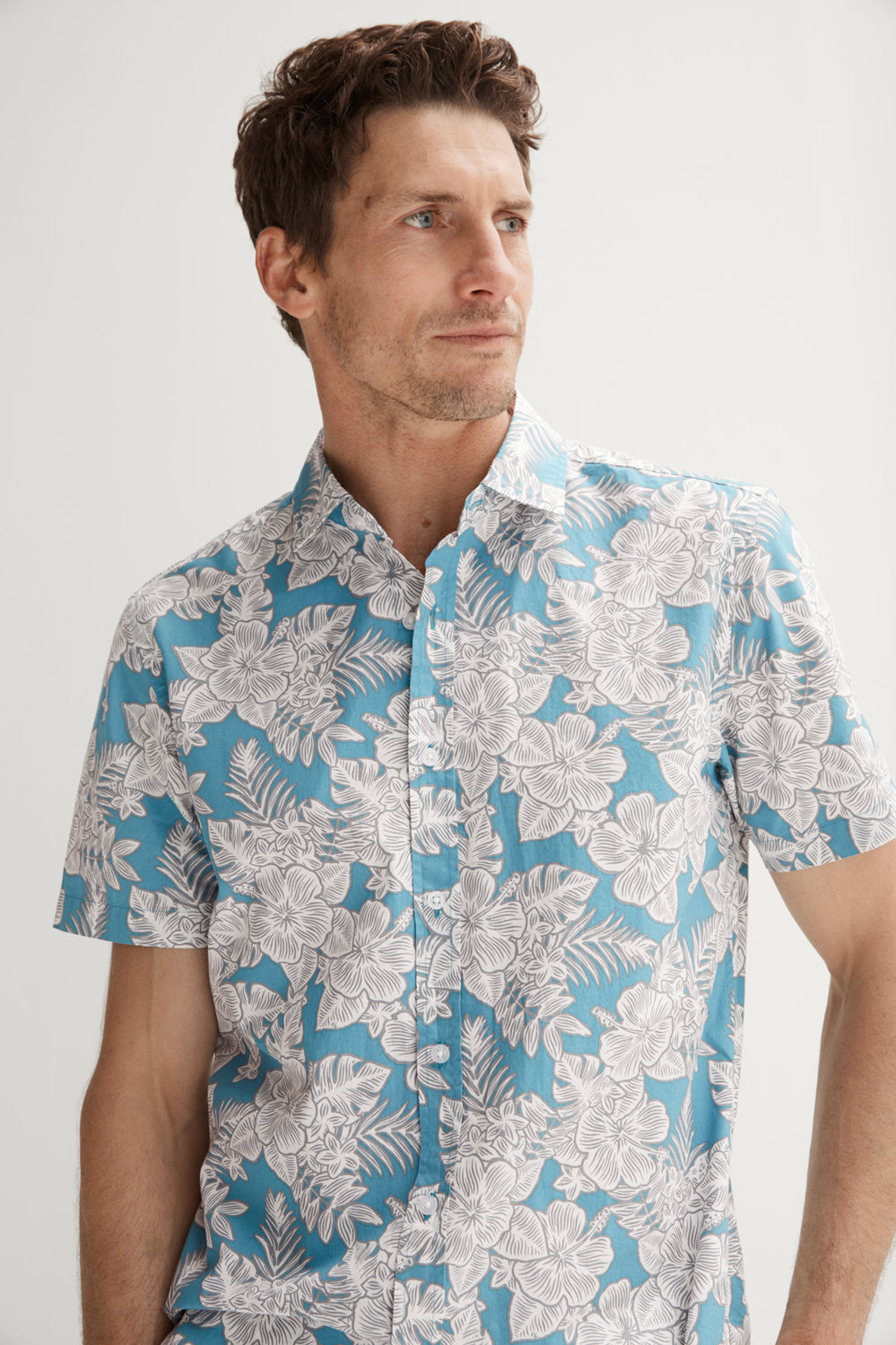 Regular Fit Cotton Woodcut Tropical Print Shirt