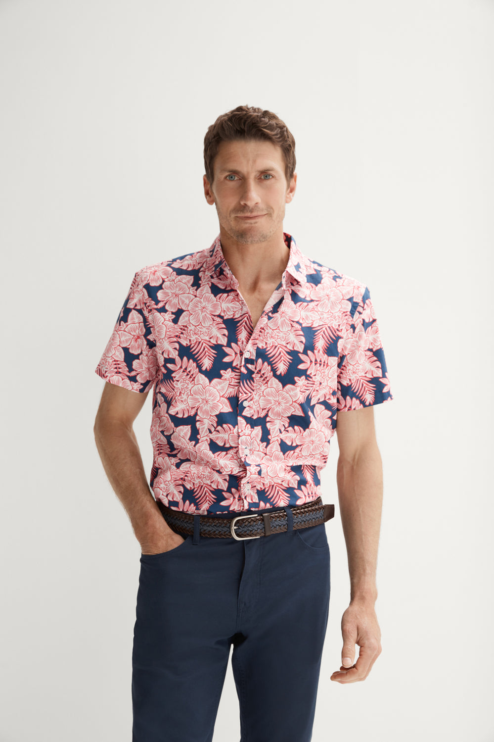 Regular Fit Cotton Woodcut Tropical Print Shirt