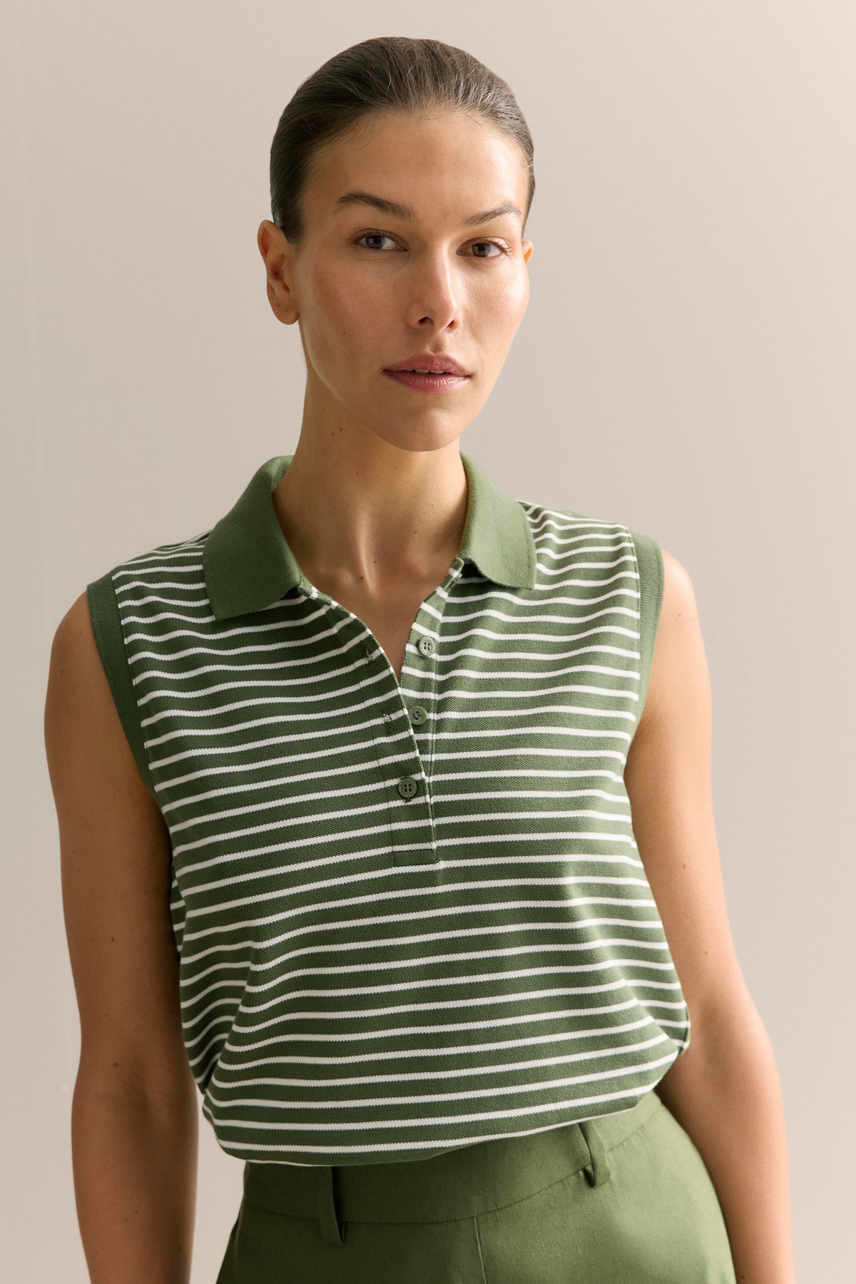 Cotton Stripe Sleeveless Polo Top