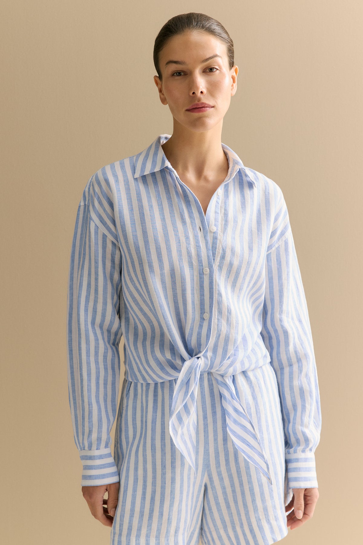 Yarn Dyed Linen Stripe Tie Front Shirt