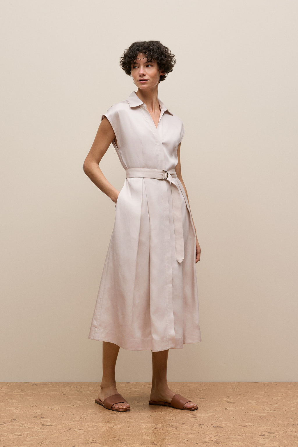 Soft Pleat Belted Dress