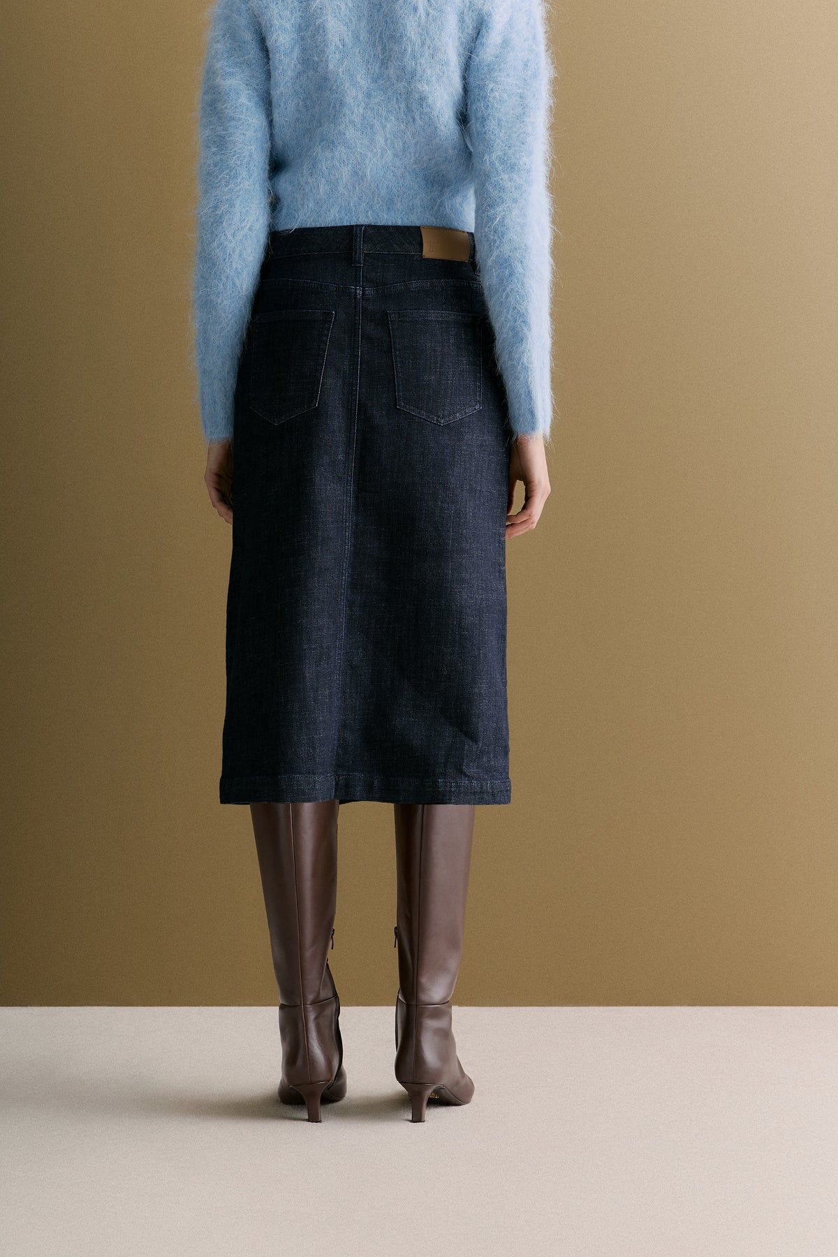 Cotton Blend Longline Denim Skirt