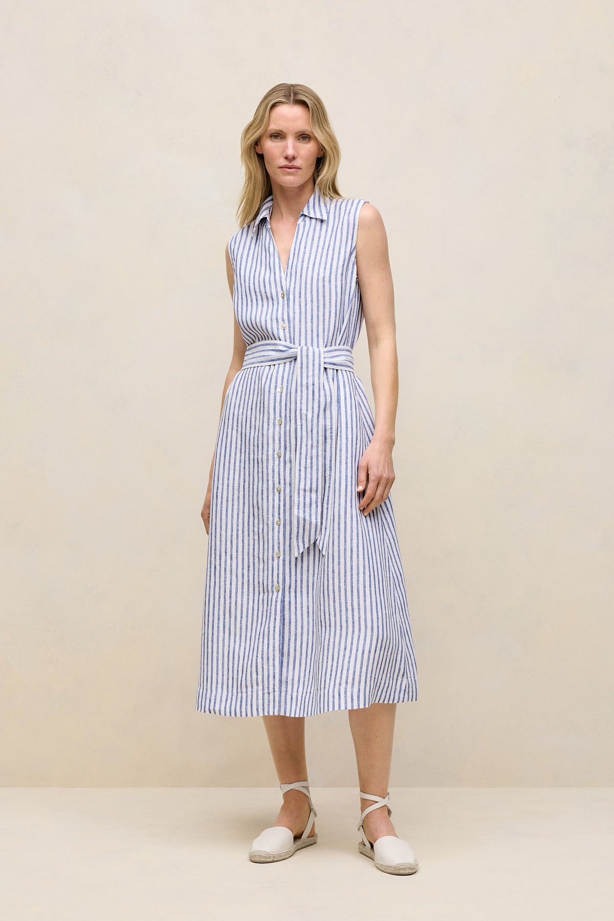 Yarn Dyed Linen Stripe Sleeveless Shirt Dress