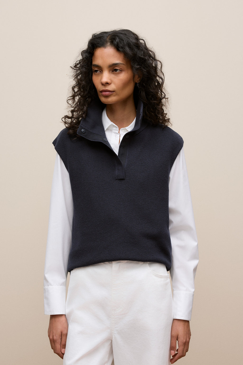 Cotton Cashmere Sleeveless Button Neck Knit