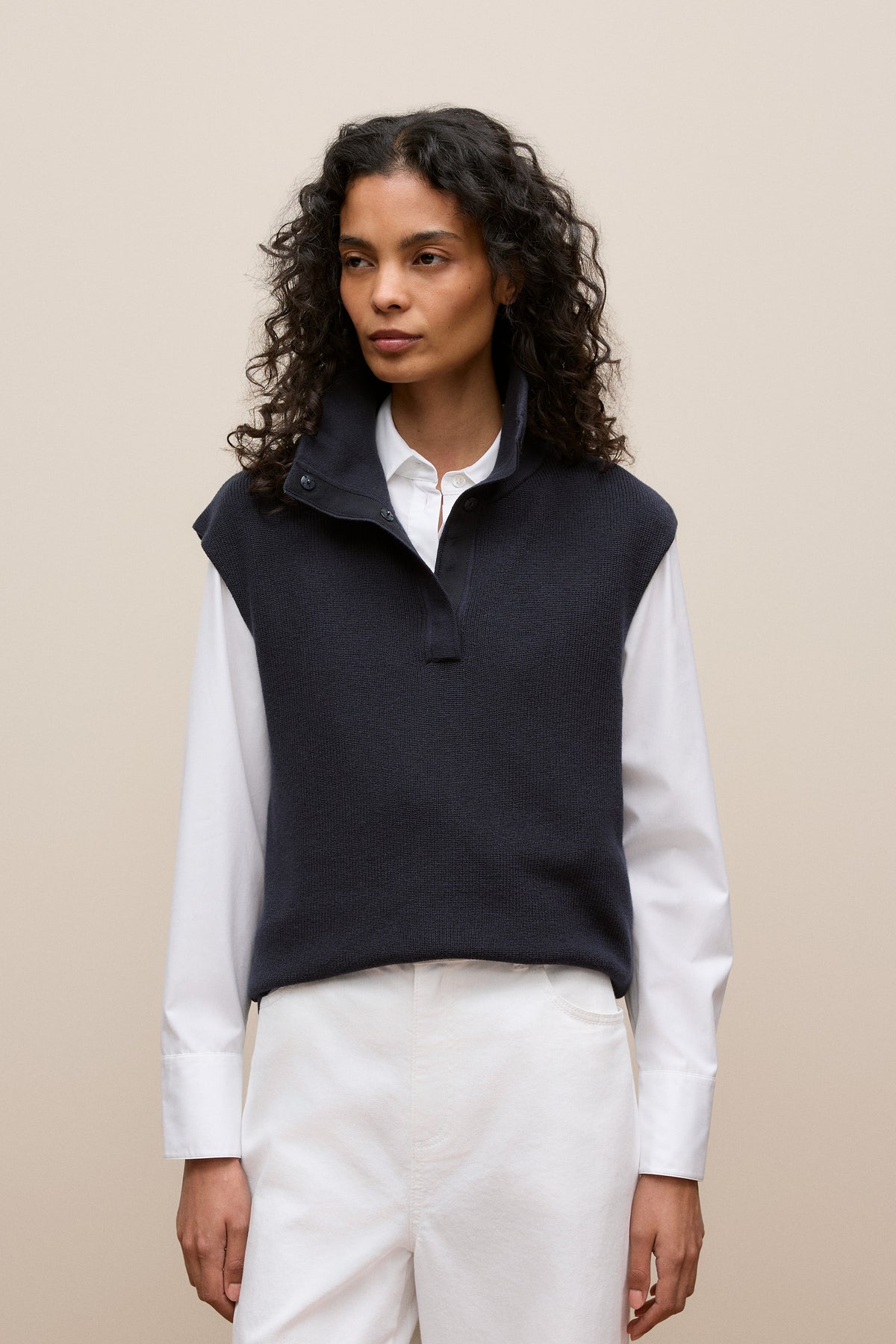 Cotton Cashmere Sleeveless Button Neck Knit